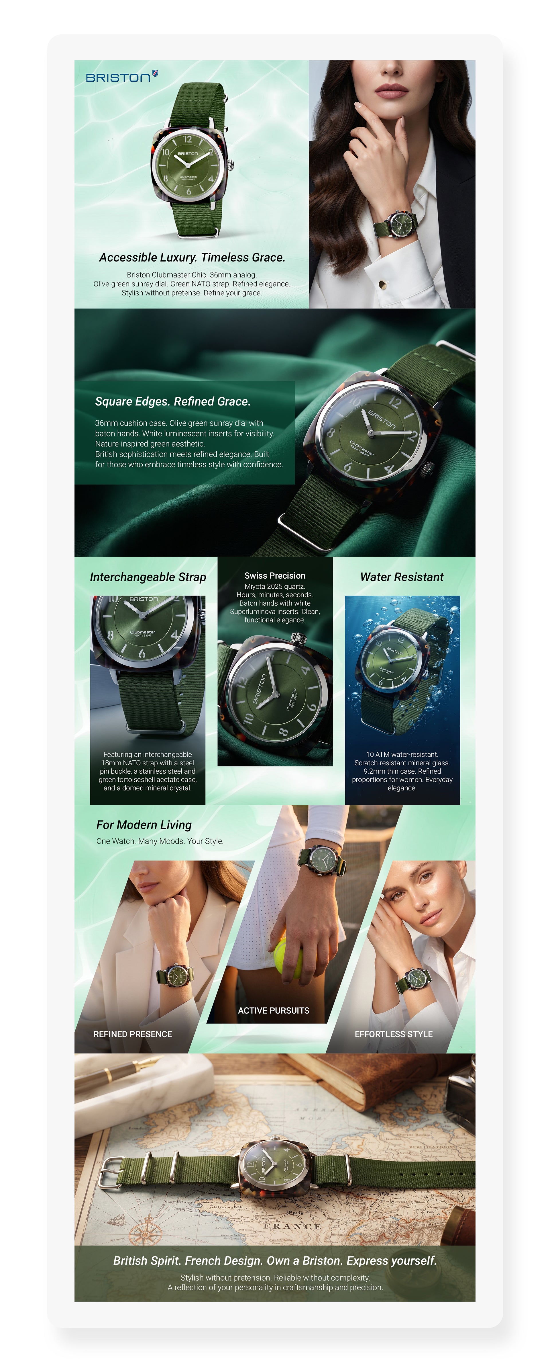 Clubmaster Chic Women Quartz Green Dial Analog NATO Watch 21536.SA.UG.26.NOL