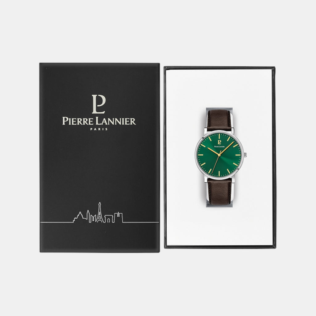 Pierre Lannier Essential Men Quartz Green Dial Analog Leather Watch 217G174-5