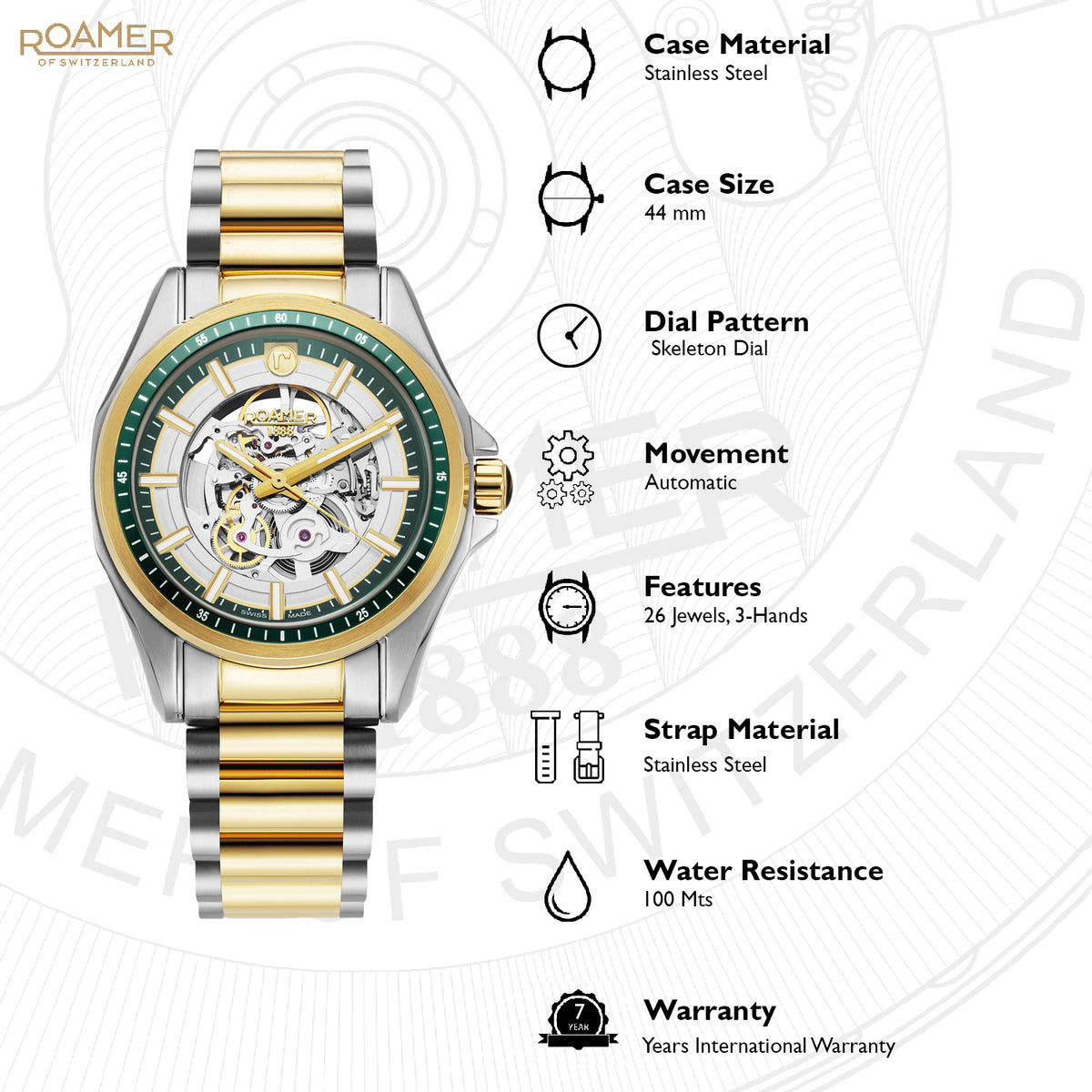 Rockshell Mark Iii Skeleton Men Automatic Green Dial Analog Stainless Steel Watch 220984 48 75 20