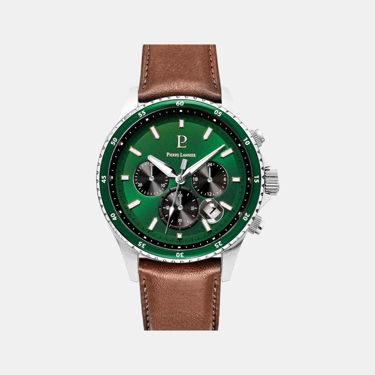 Pierre Lannier Cronos Men Quartz Green Dial Chronograph Leather Watch 227G164-1