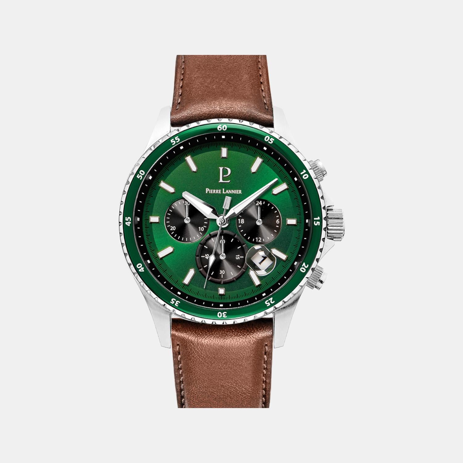 Pierre Lannier Cronos Men Quartz Green Dial Chronograph Leather Watch 227G164-1
