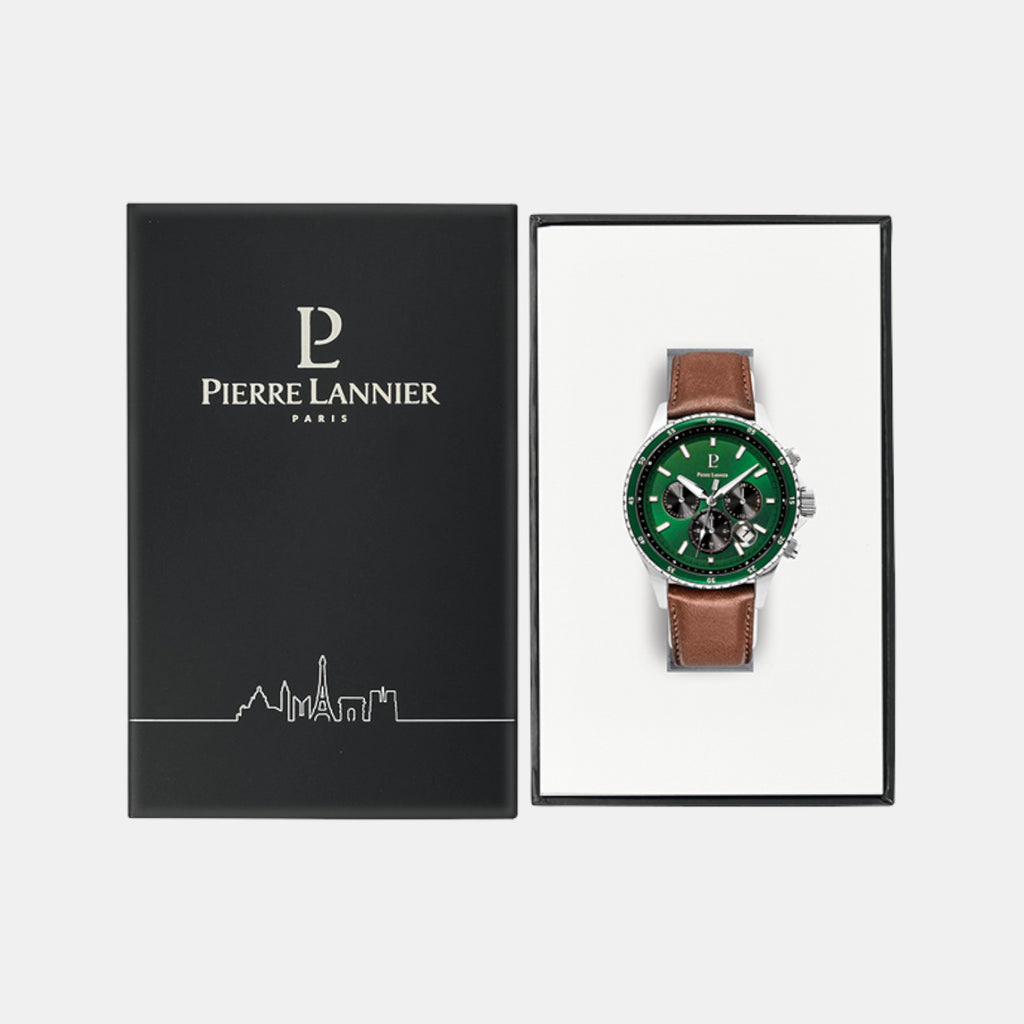 Pierre Lannier Cronos Men Quartz Green Dial Chronograph Leather Watch 227G164-5