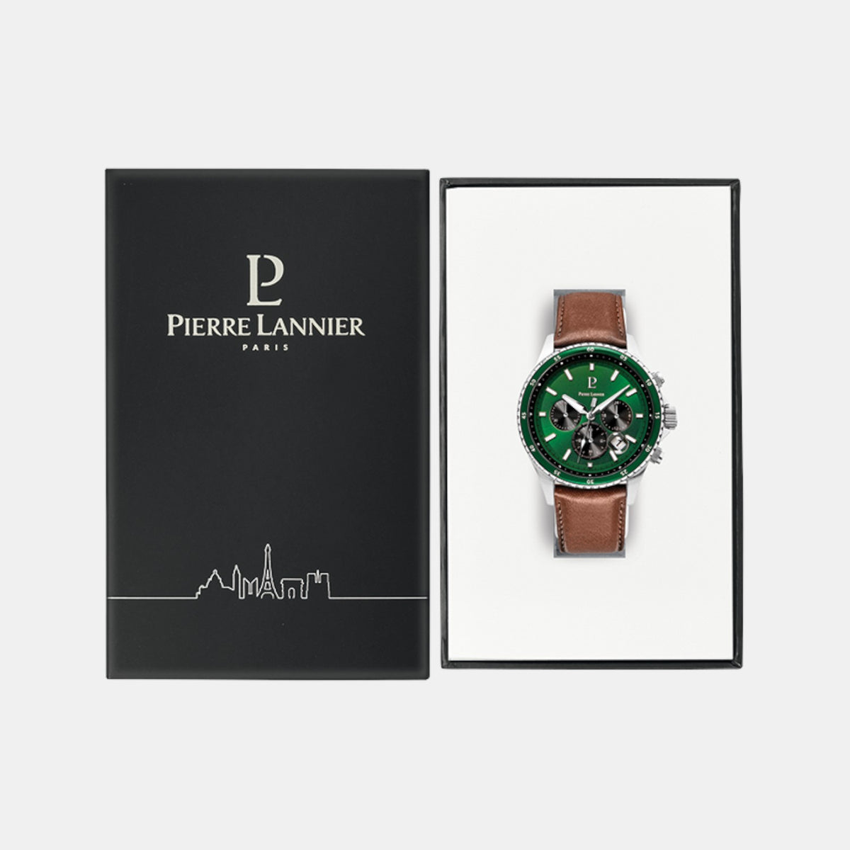 Pierre Lannier Cronos Men Quartz Green Dial Chronograph Leather Watch 227G164-5