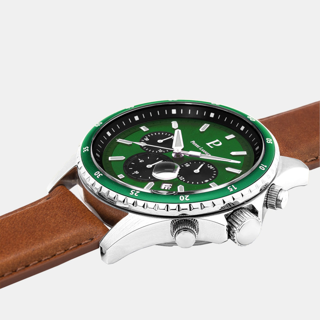 Pierre Lannier Cronos Men Quartz Green Dial Chronograph Leather Watch 227G164-3