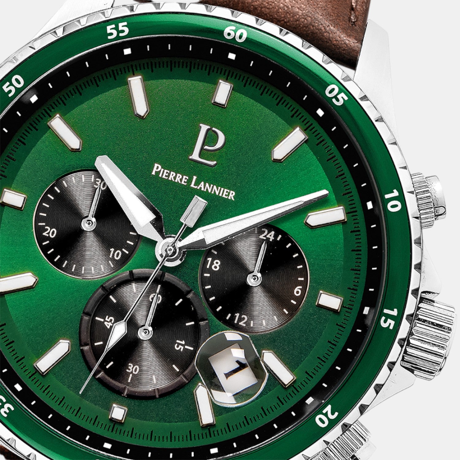 Pierre Lannier Cronos Men Quartz Green Dial Chronograph Leather Watch 227G164-2