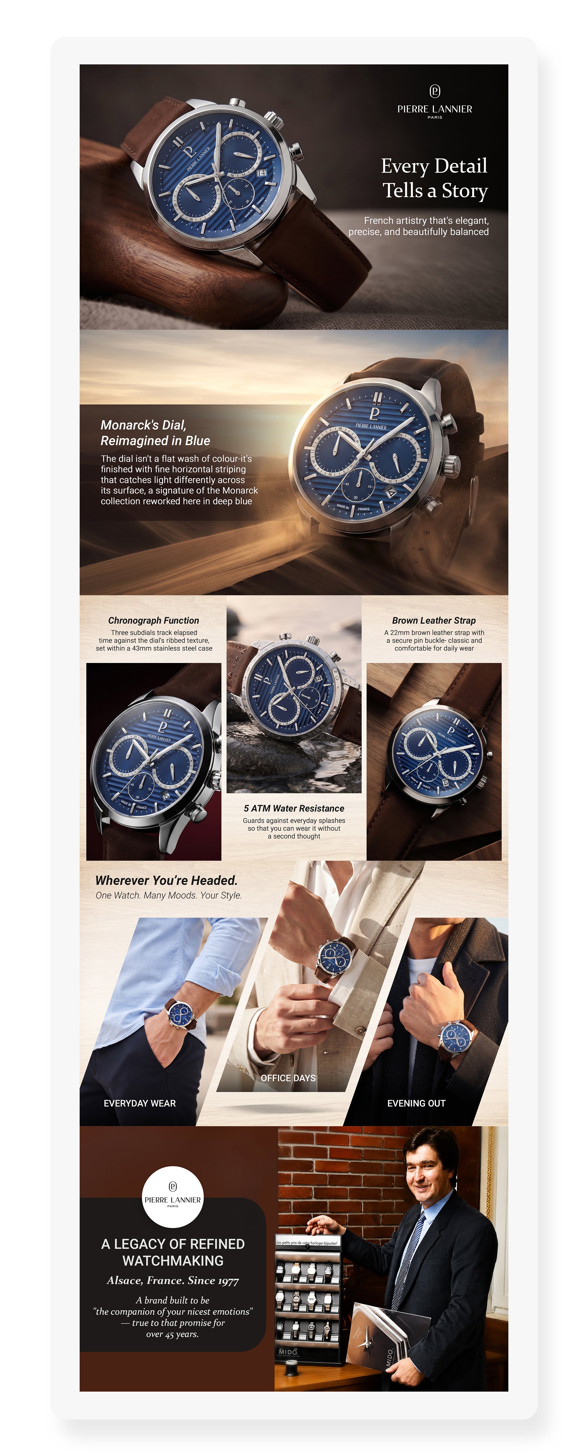 Monarck Men Quartz Blue Dial Chronograph Leather Watch 232G164