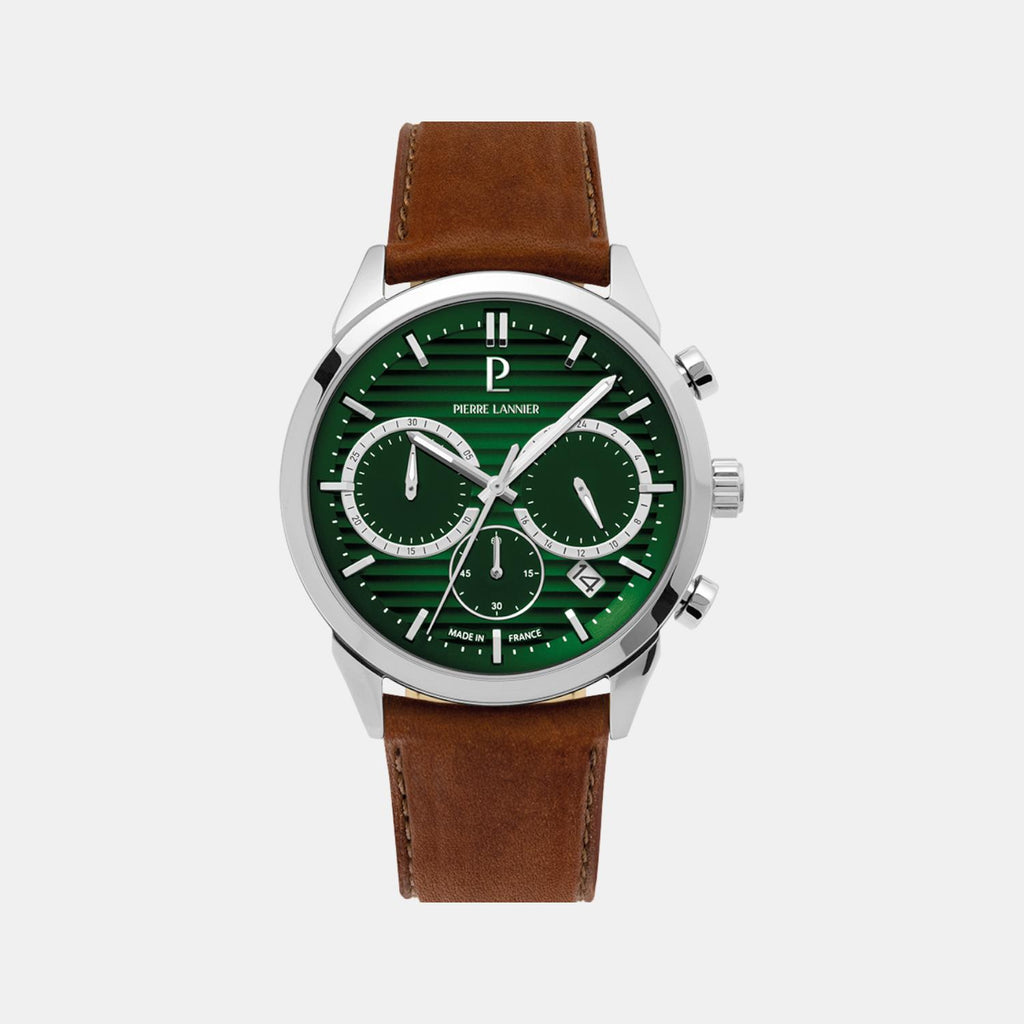 Pierre Lannier Monarck Men Quartz Green Dial Chronograph Leather Watch 232G174-1