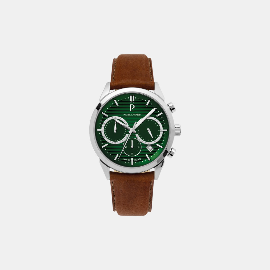 Pierre Lannier Monarck Men Quartz Green Dial Chronograph Leather Watch 232G174-2