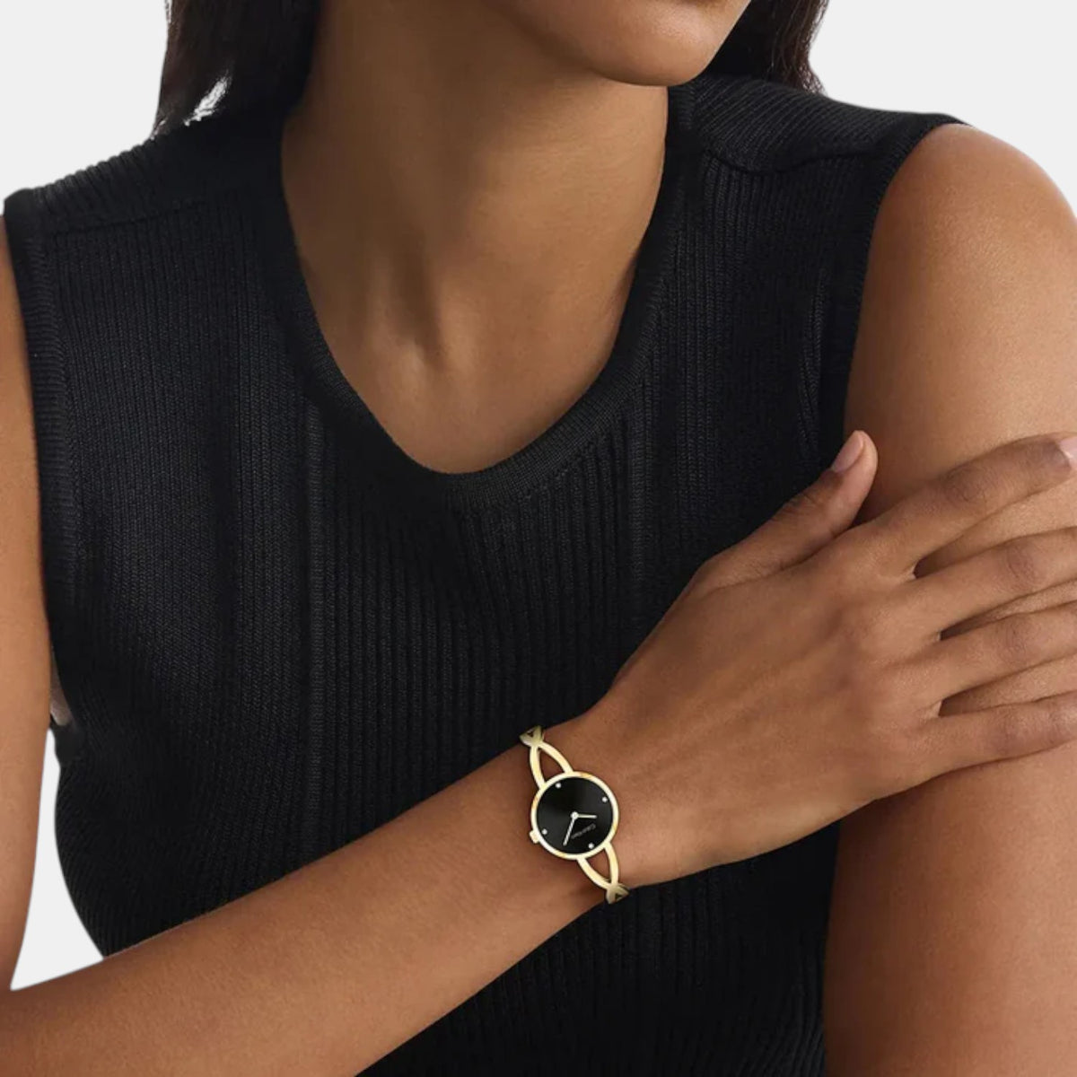 Sculpted Embrace Women Quartz Black Dial Analog Stainless Steel Watch 25100059