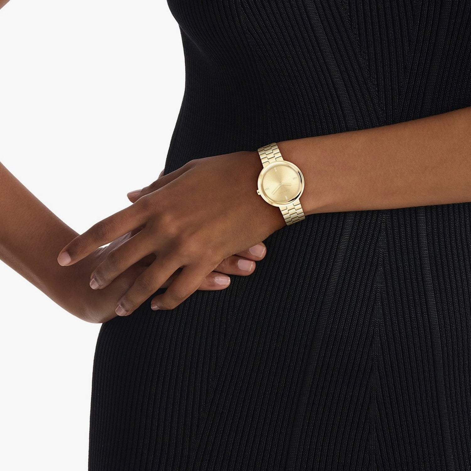 Twisted Bezel Women Quartz Gold Dial Analog Stainless Steel Watch 25100094