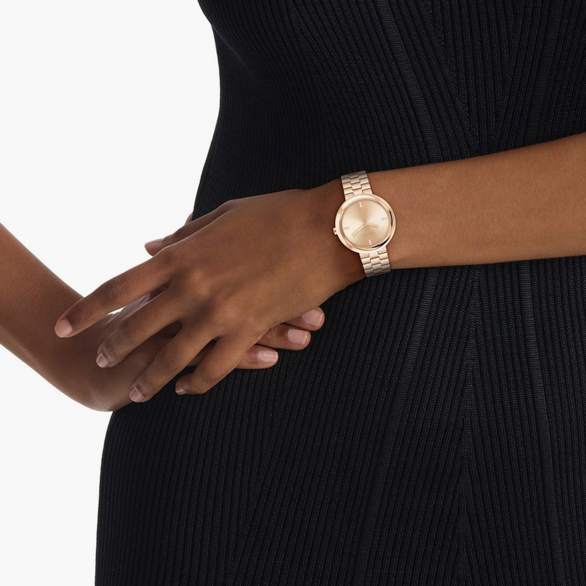 Twisted Bezel Women Quartz Rose Gold Dial Analog Stainless Steel Watch 25100095