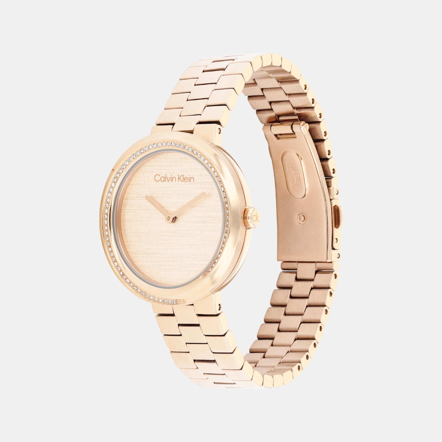 Twisted Bezel Women Quartz Carnation Gold Dial Analog Stainless Steel Watch 25100166