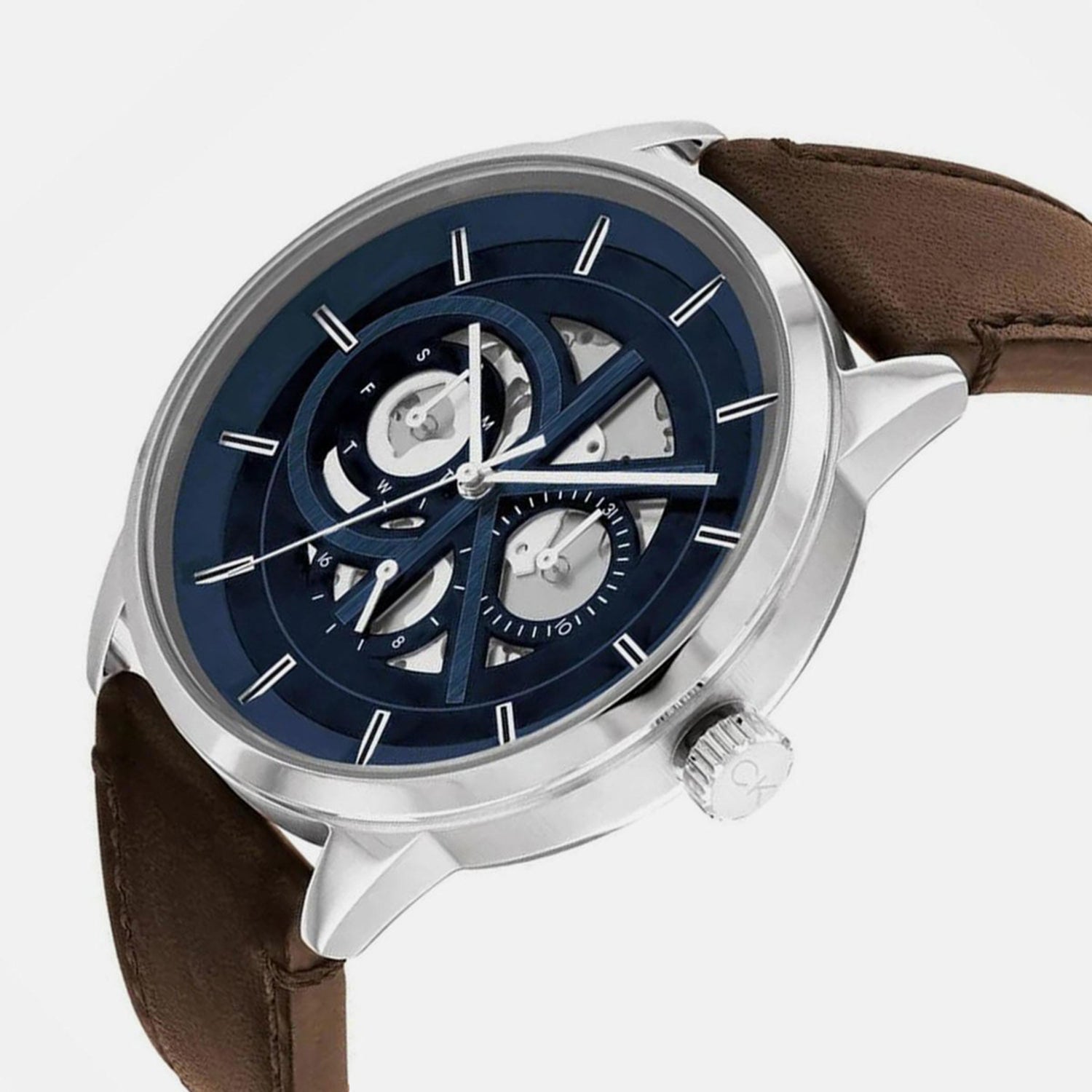 Modern Skeleton Men Quartz Blue Dial Chronograph Leather Watch 25200216