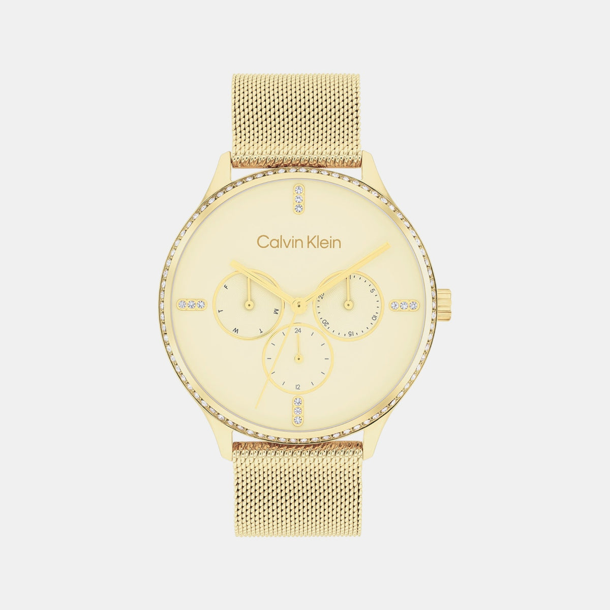Ck Dress Women Quartz Gold Dial Multi-Function Mesh Watch 25200372