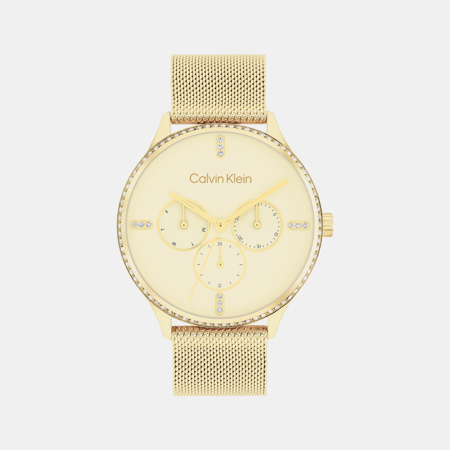 Ck Dress Women Quartz Gold Dial Multi-Function Mesh Watch 25200372