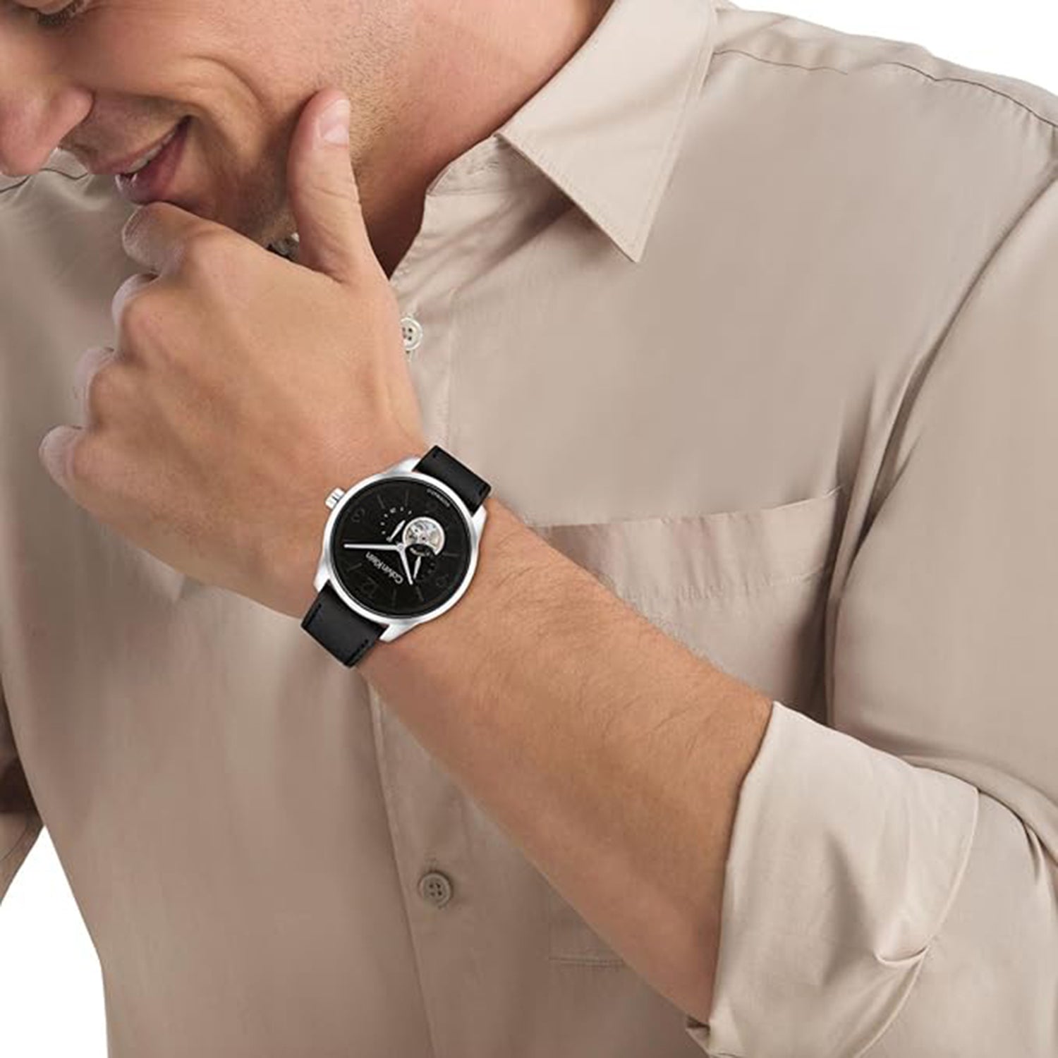 Ck Esteem Men Automatic Black Dial Multi-Function Leather Watch 25200388