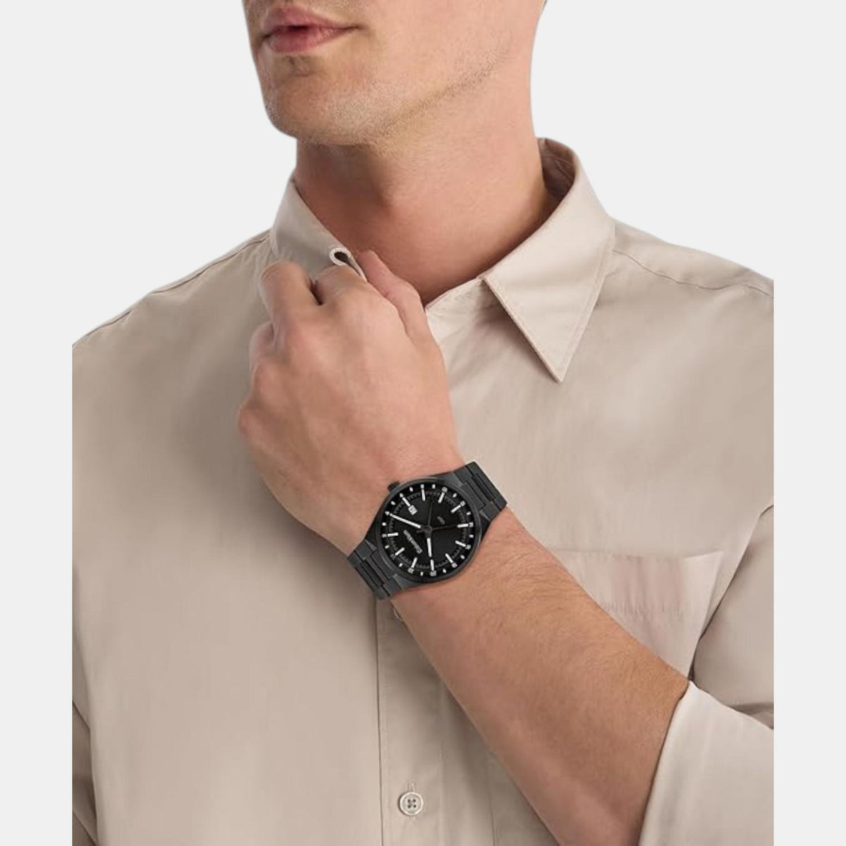 Distinguish Men Quartz Black Dial Multi-Function Stainless Steel Watch 25200490