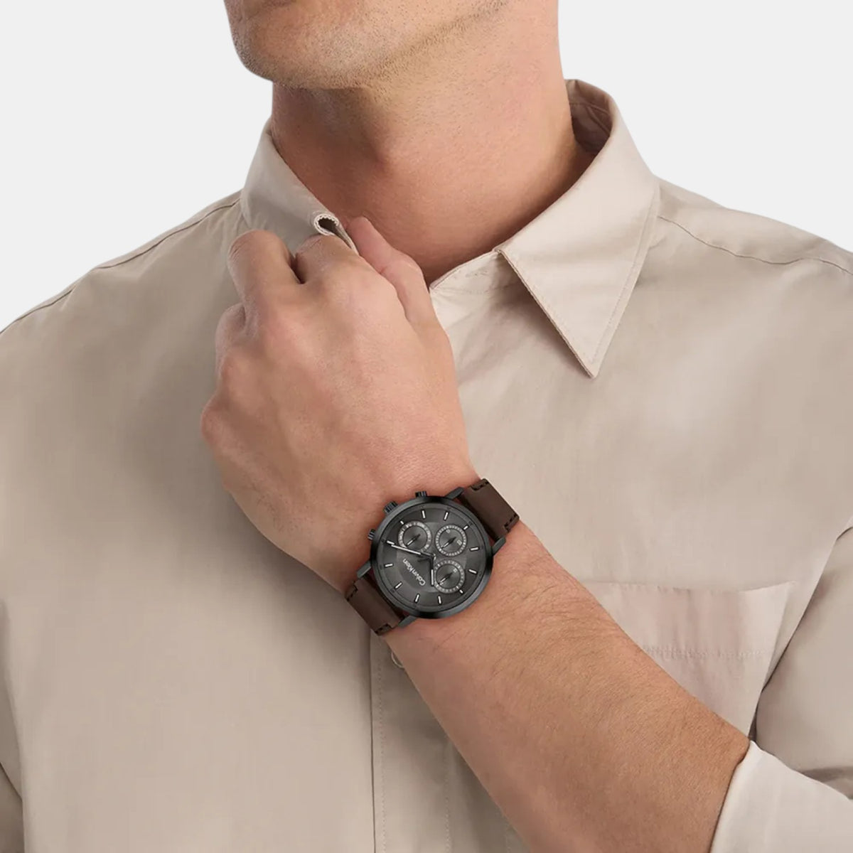 Gauge Men Quartz Grey Dial Multi-Function Leather Watch 25200498