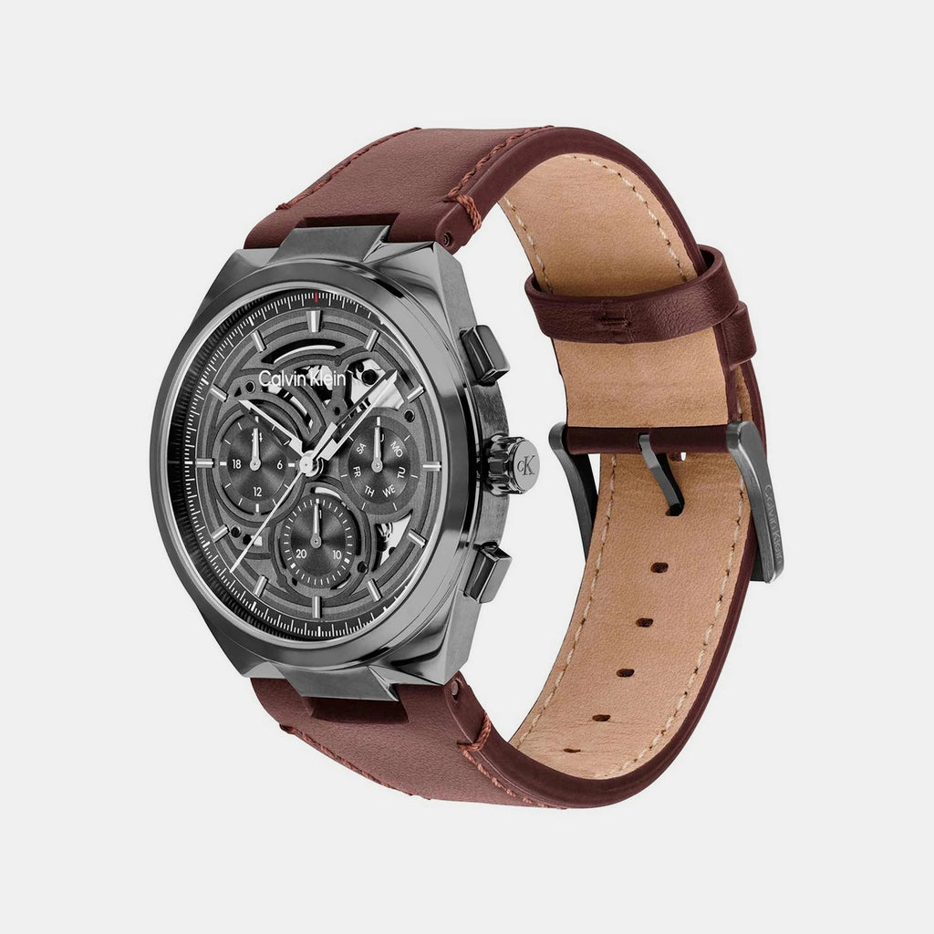 Men Quartz Grey Dial Chronograph Leather Watch 25200576