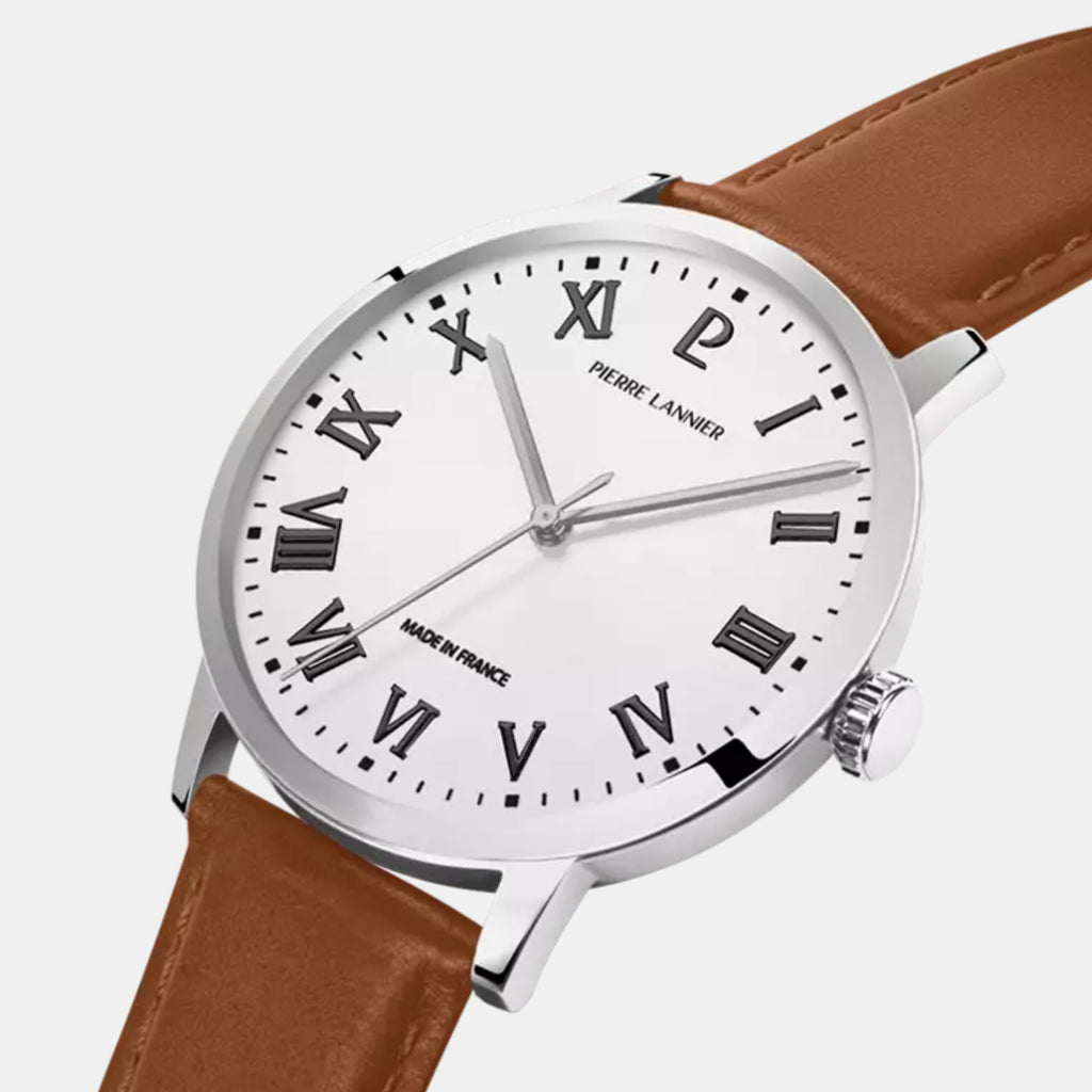 Interval Men Quartz Silver Dial Analog Leather Watch 255G104
