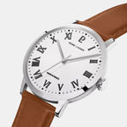 Interval Men Quartz Silver Dial Analog Leather Watch 255G104