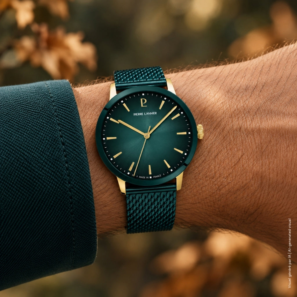 Men Quartz Green Dial Analog Mesh Watch 256G279