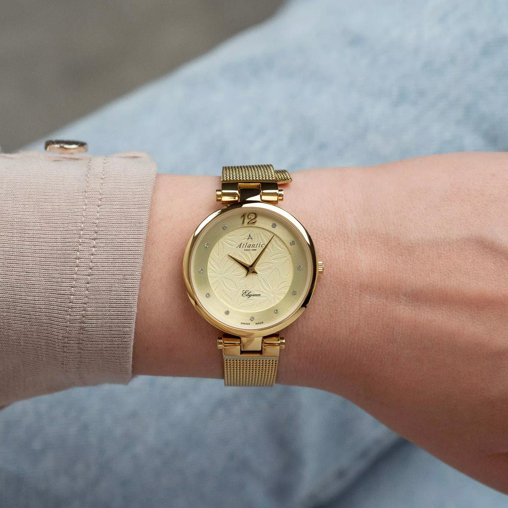 Elegance Floral Women Quartz Champagne Dial Analog Mesh Watch 29037.45.31MB