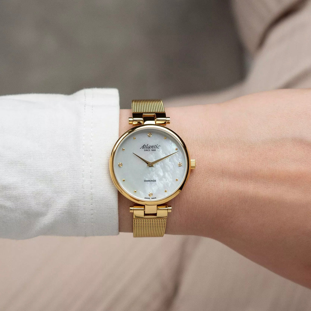 Elegance Royal Diamonds Edition Women Quartz Mother Of Pearl Dial Analog Stainless Steel Watch 29044.45.07GMB