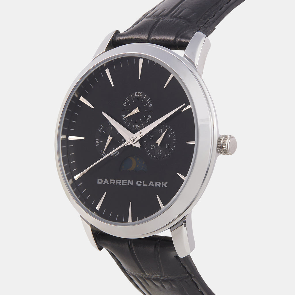 Men Quartz Black Dial Multi-Function Leather Watch 1012F-L0104