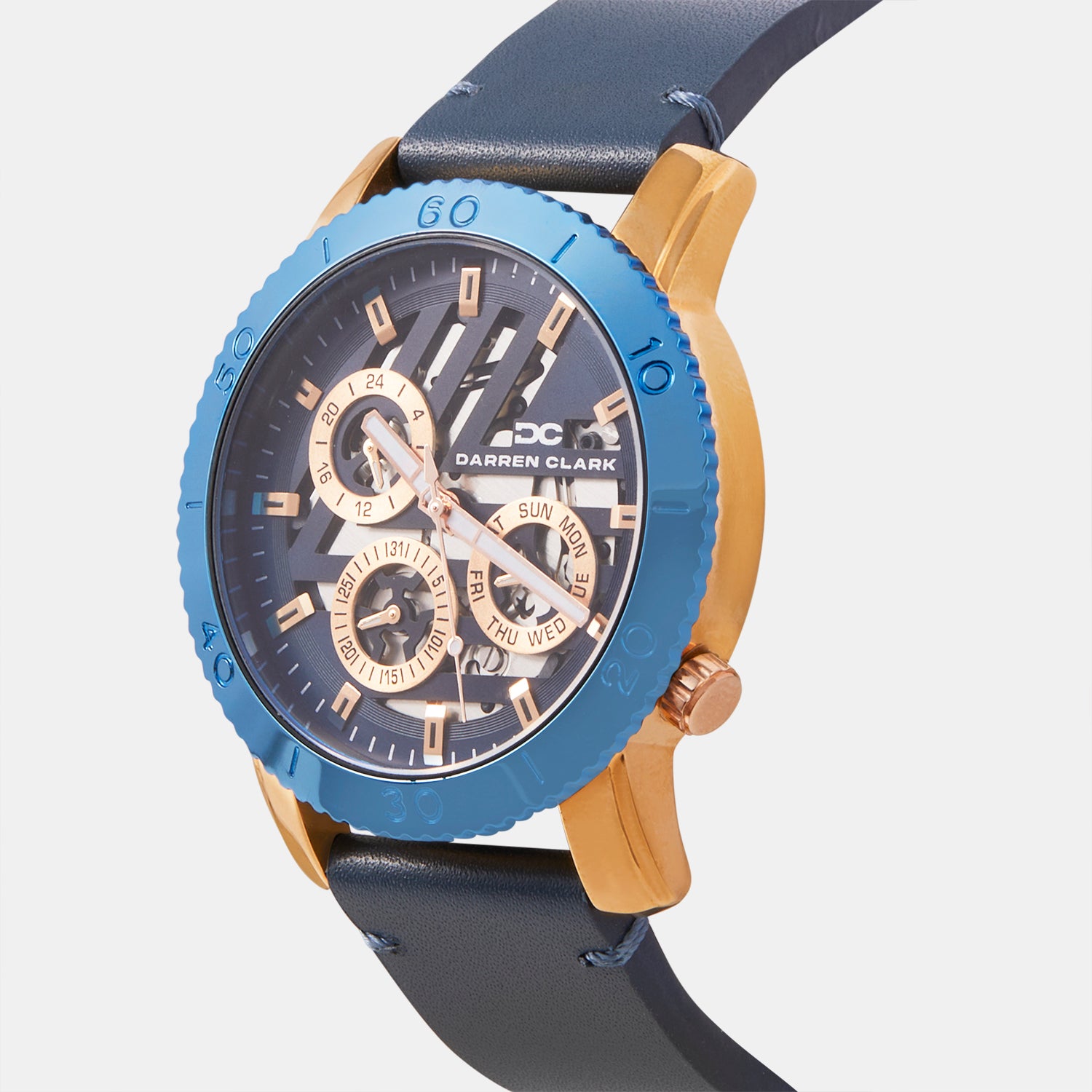 Men Quartz Blue Dial Multi-Function Leather Watch 1011G-L0305