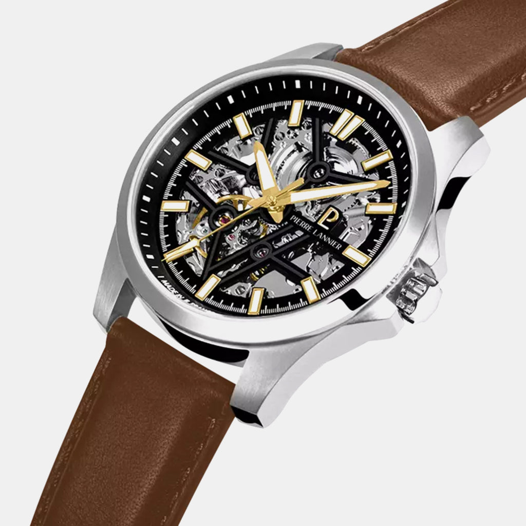 Skeletom Men Automatic Black Dial Analog Leather Watch 304G134