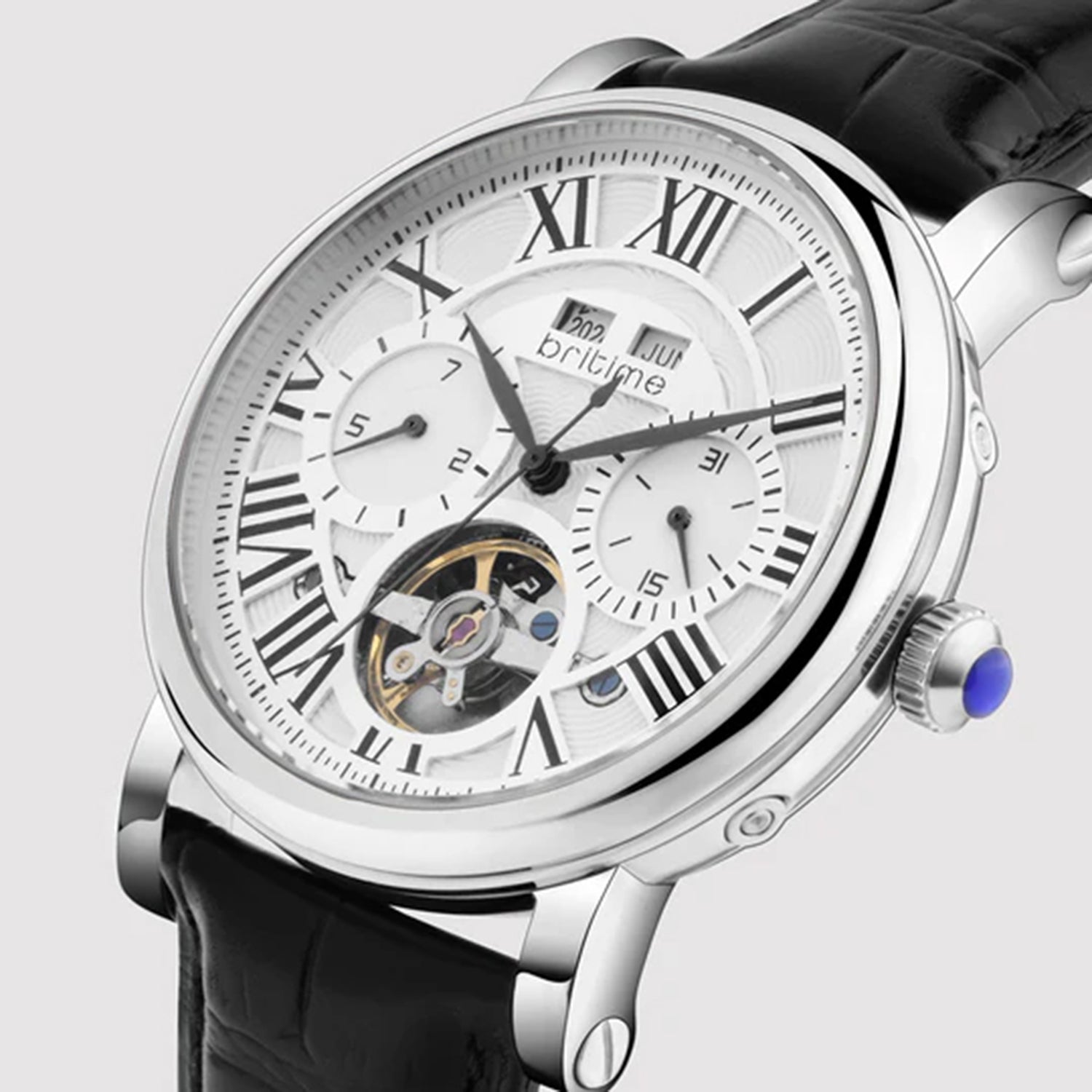 Motion Men Automatic Silver Dial Multi-Function Leather Watch 323-L10306