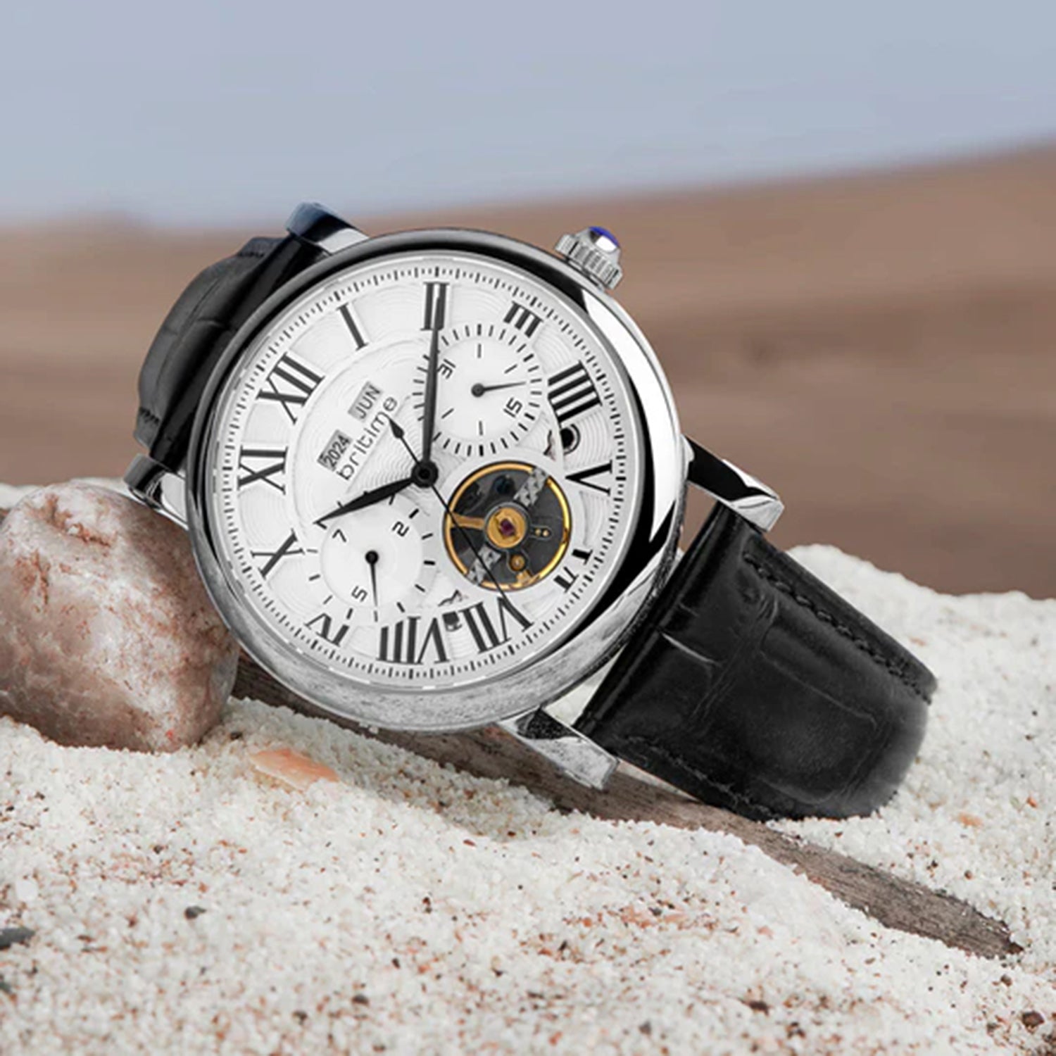 Motion Men Automatic Silver Dial Multi-Function Leather Watch 323-L10306