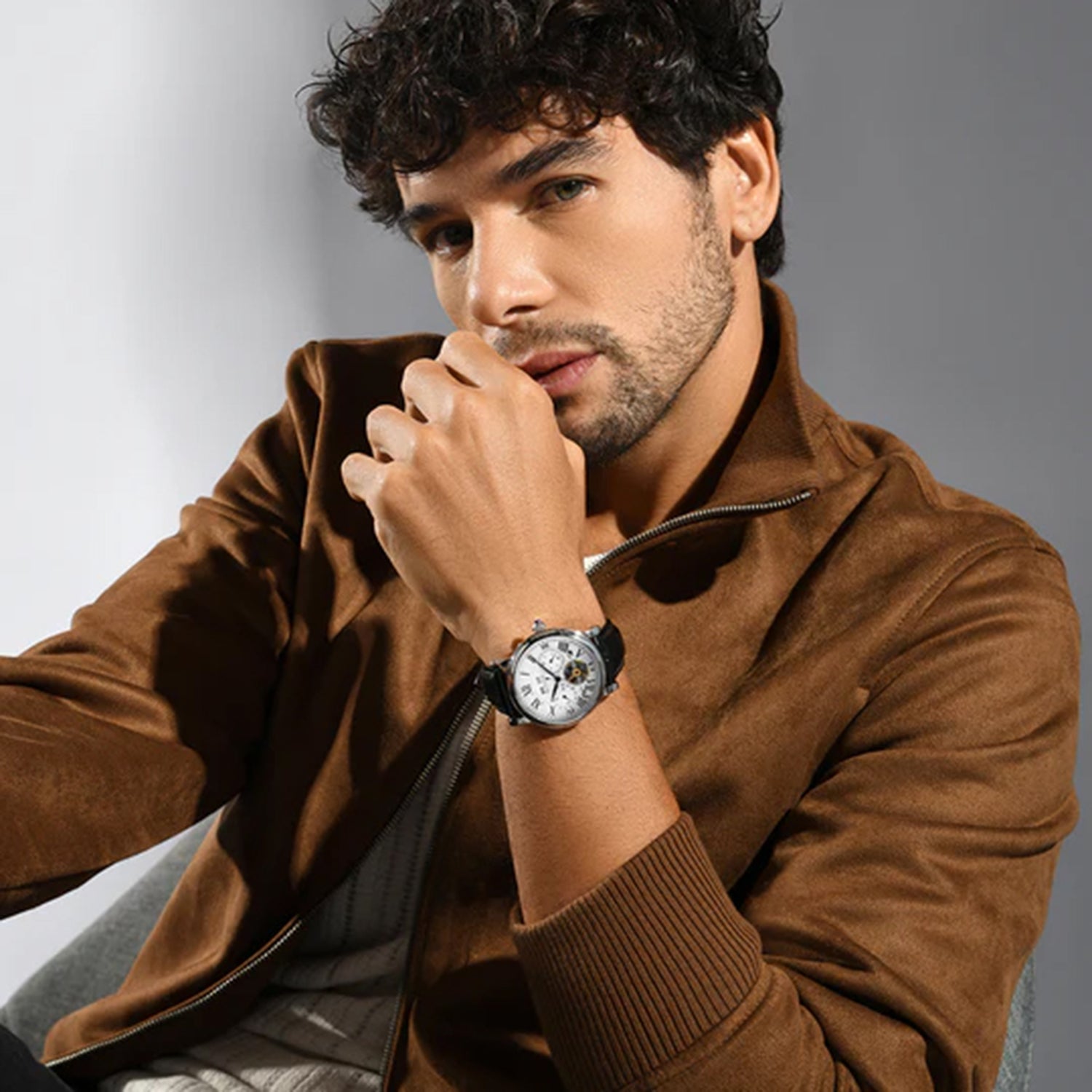 Motion Men Automatic Silver Dial Multi-Function Leather Watch 323-L10306