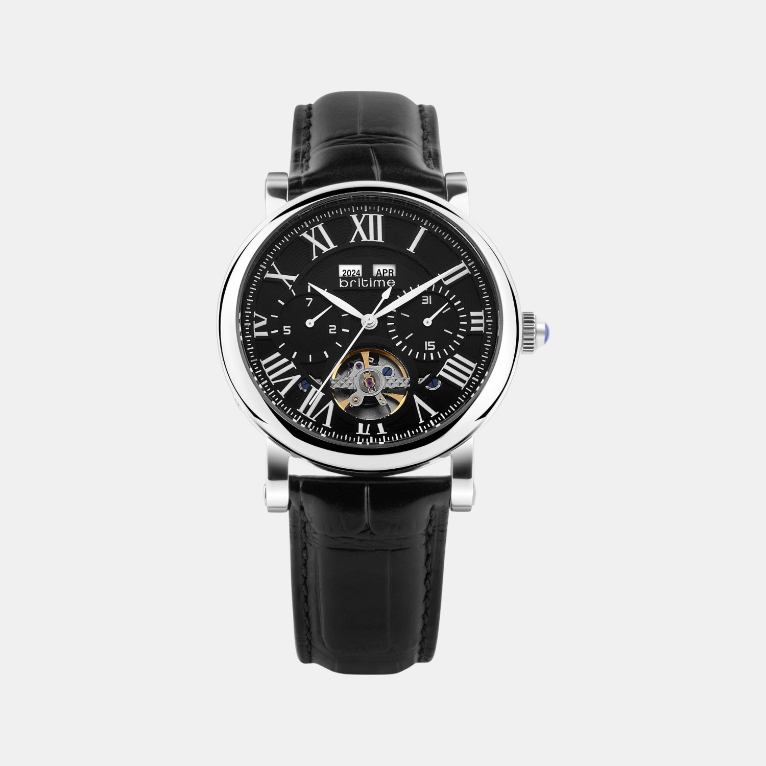 Motion Men Automatic Black Dial Multi-Function Leather Watch 323-L10406