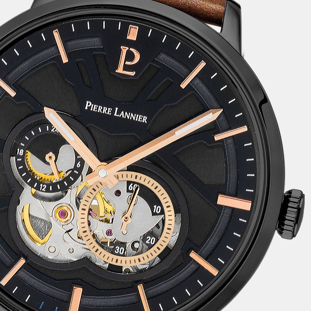 Trio Men Automatic Black Dial Analog Leather Watch 335B434