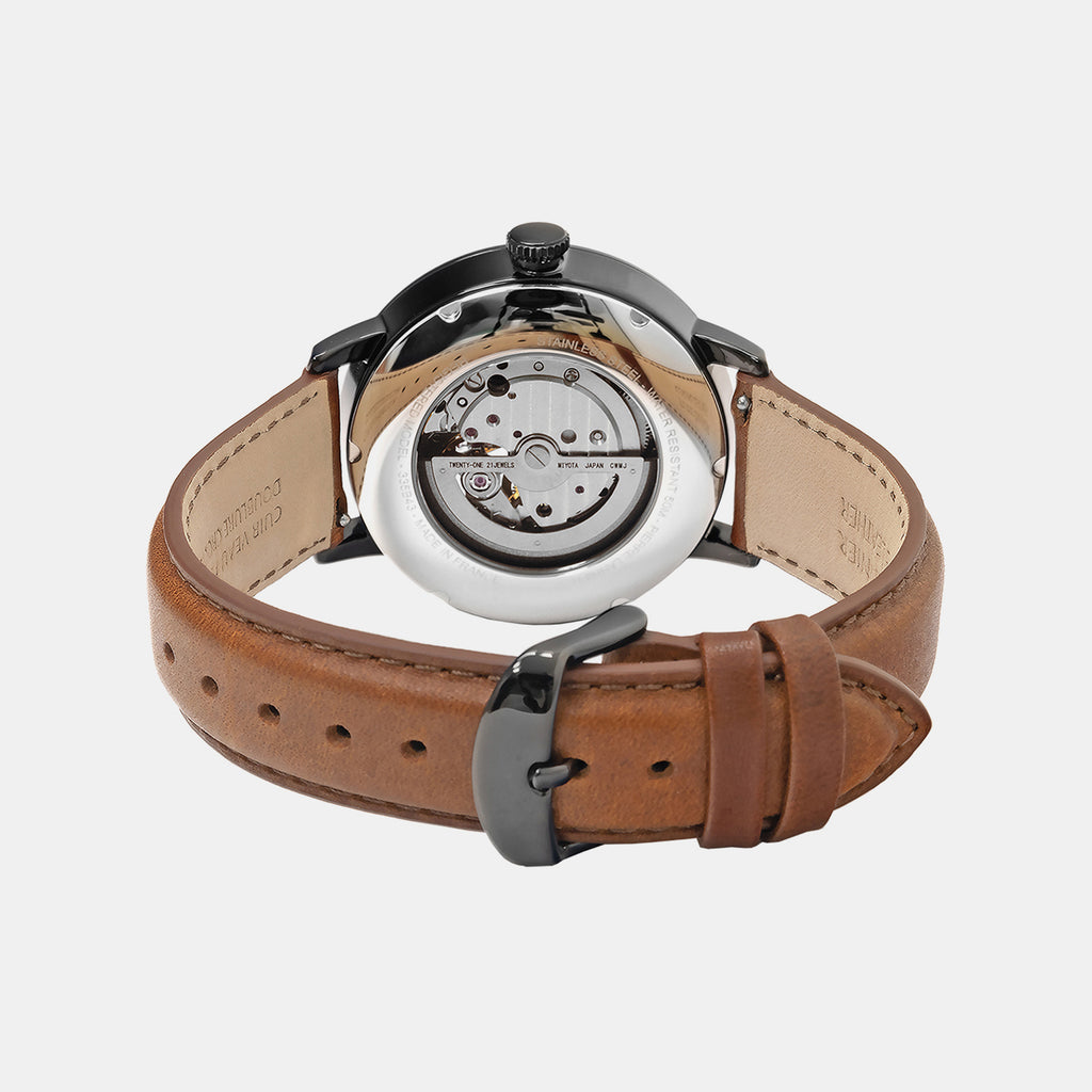 Trio Men Automatic Black Dial Analog Leather Watch 335B434