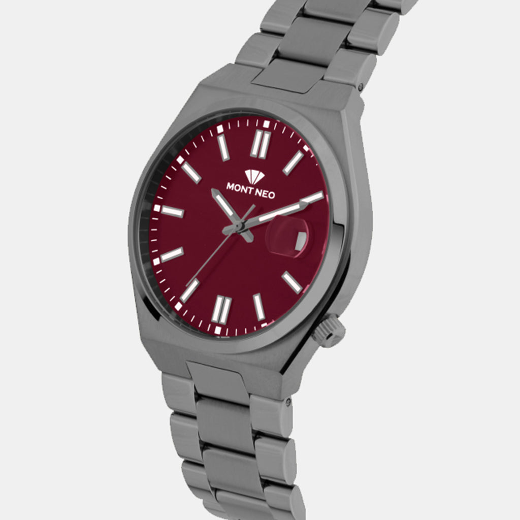 Men Quartz Maroon Dial Analog Metal Watch 3506E-M8812