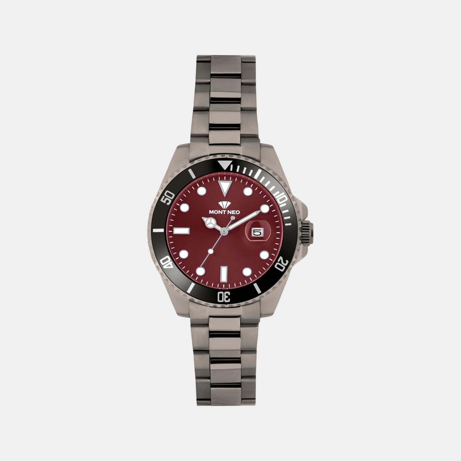 Men Quartz Maroon Dial Analog Metal Watch 3507E-M8812
