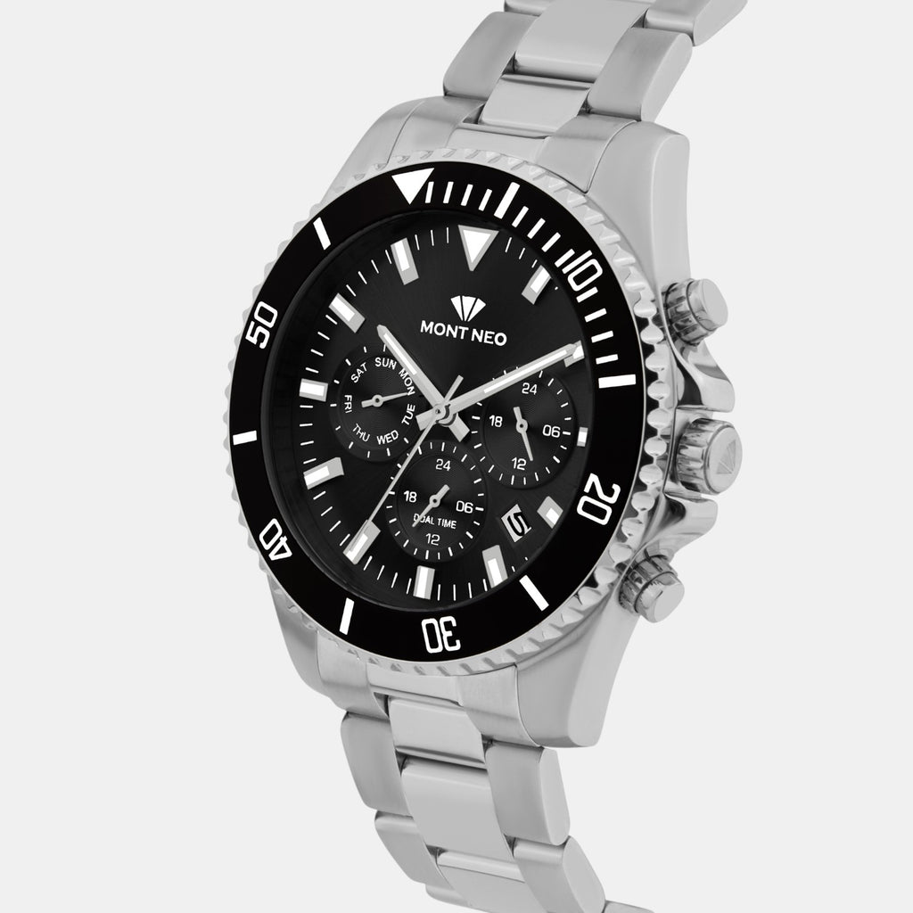 Men Quartz Black Dial Multi-Function Stainless Steel Watch 3508M-M1104