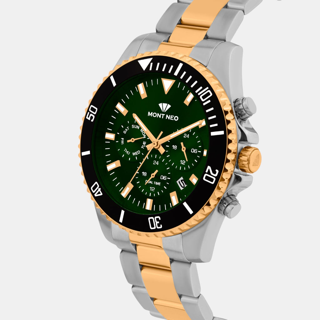 Men Quartz Green Dial Multi-Function Stainless Steel Watch 3508M-M1314