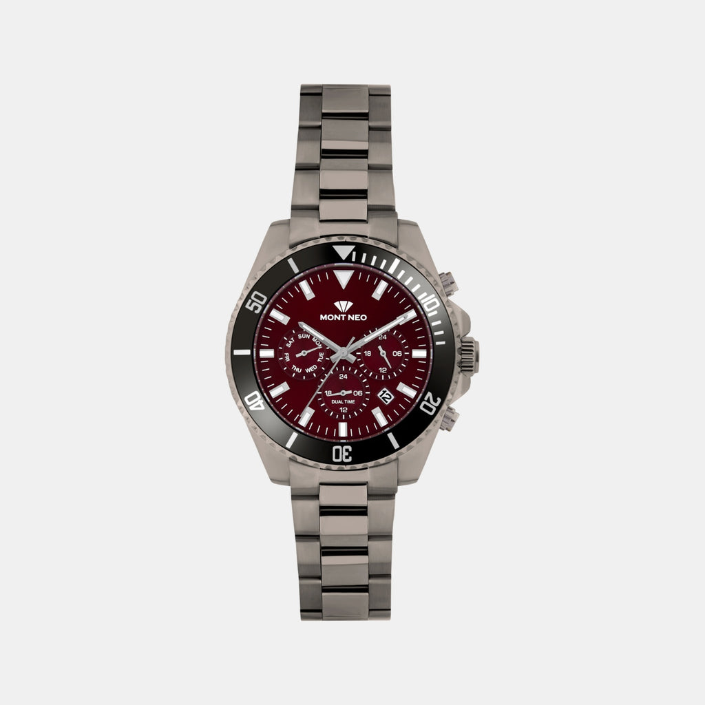 Men Quartz Red Dial Multi-Function Stainless Steel Watch 3508M-M8812