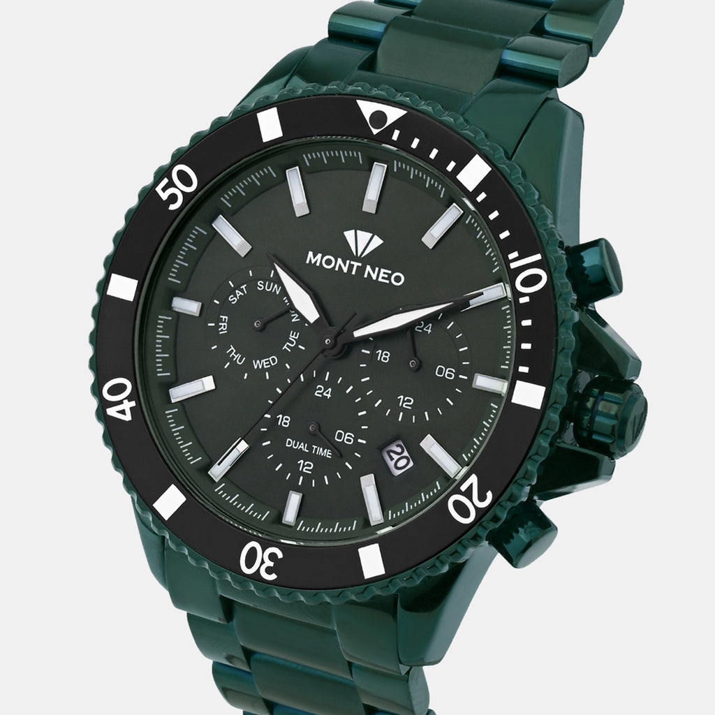 Men Quartz Green Dial Multi-Function Metal Watch 3510M-M10414