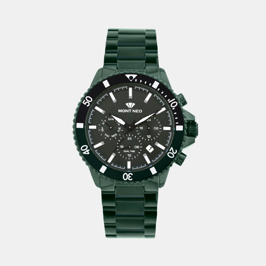 Men Quartz Green Dial Multi-Function Metal Watch 3510M-M10414