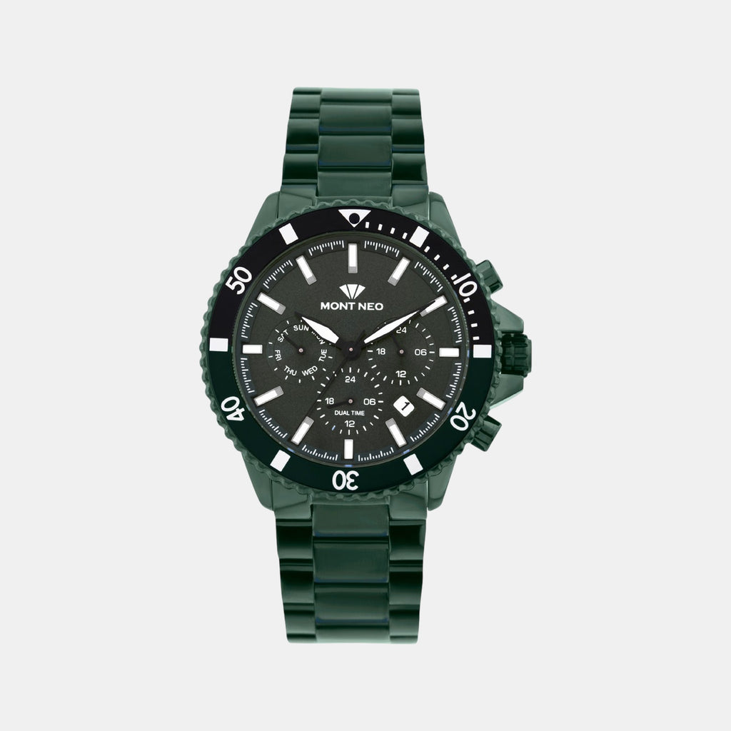 Men Quartz Green Dial Multi-Function Metal Watch 3510M-M10414
