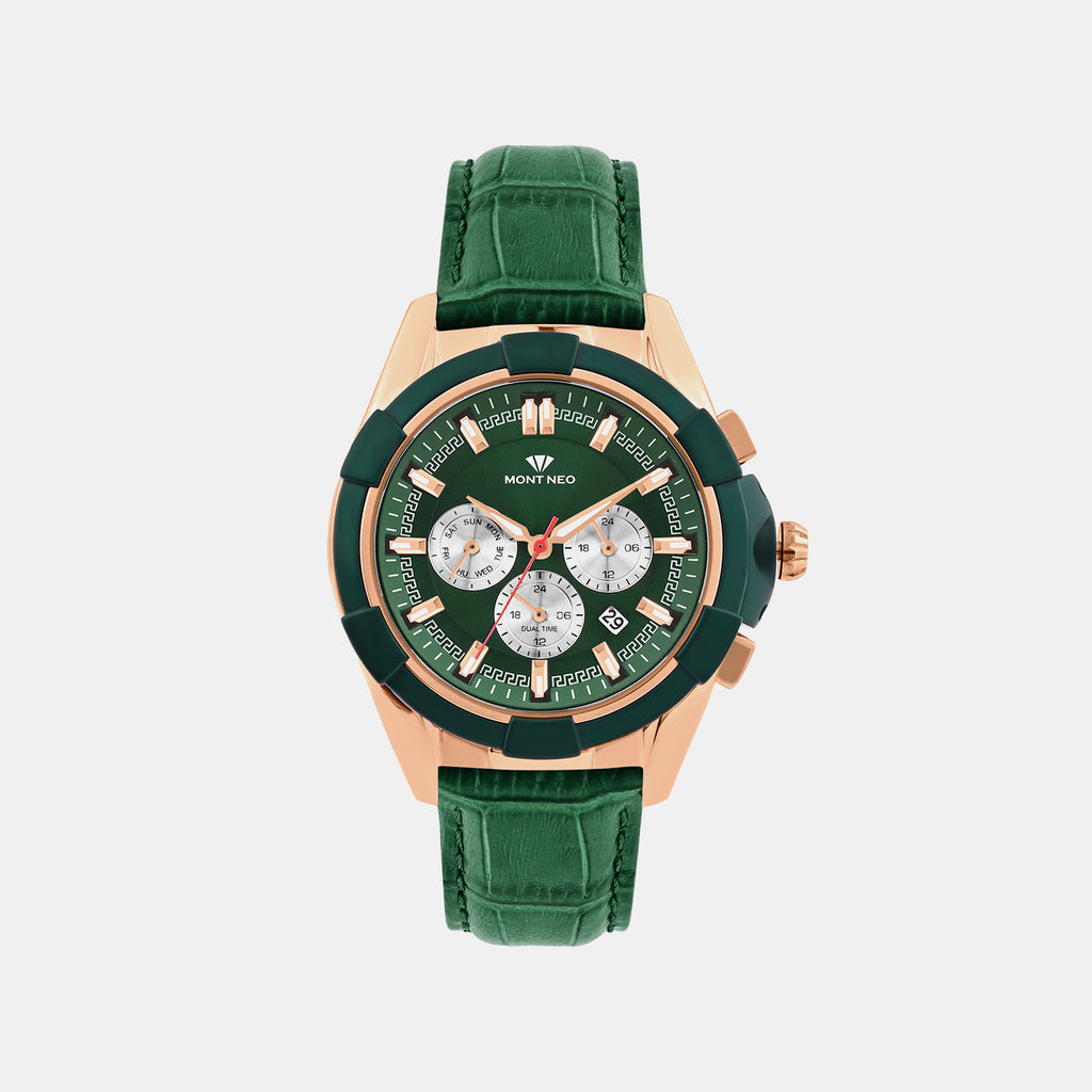 Men Quartz Green Dial Multi-Function Leather Watch 3512M-L31014