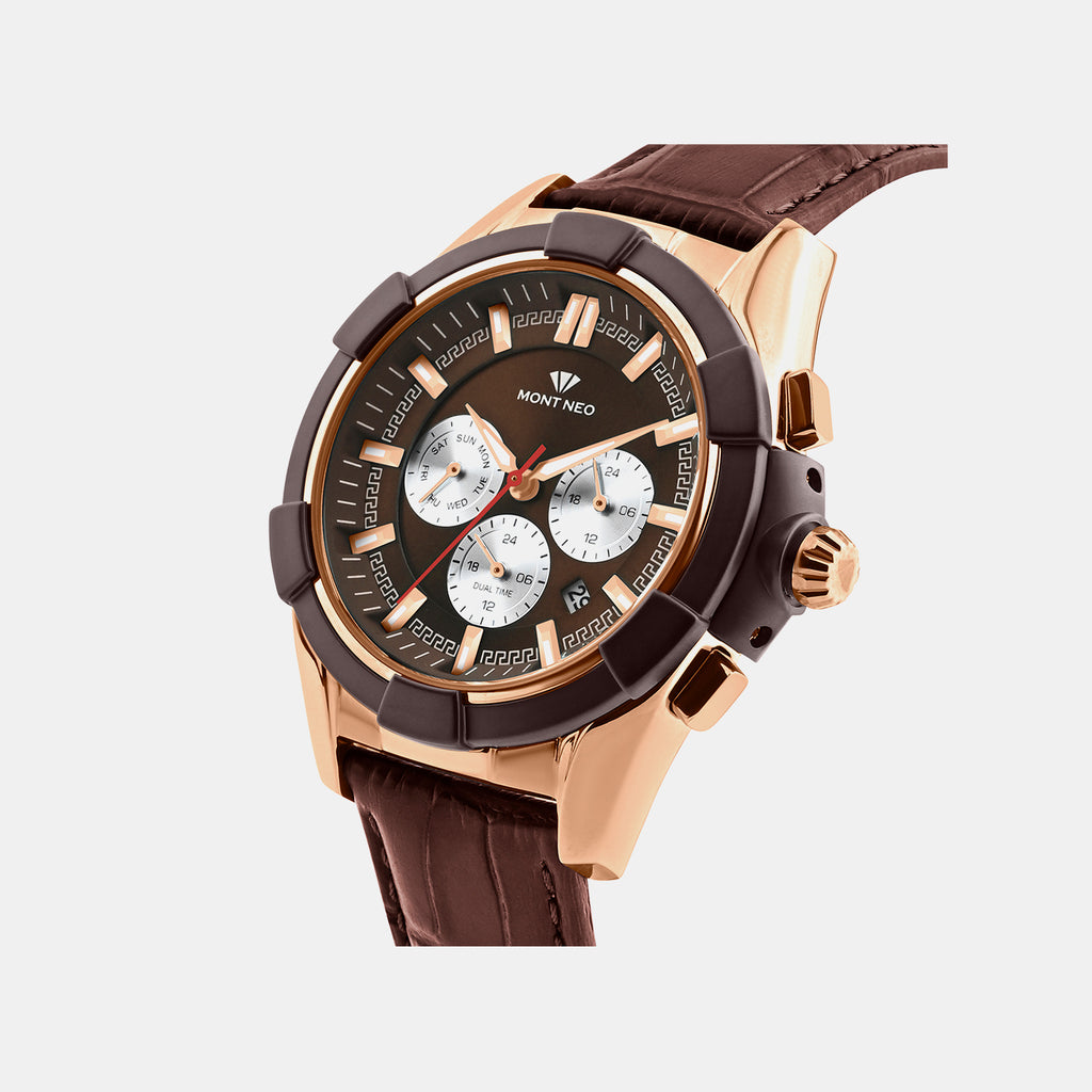 Men Quartz Brown Dial Multi-Function Leather Watch 3512M-L3606