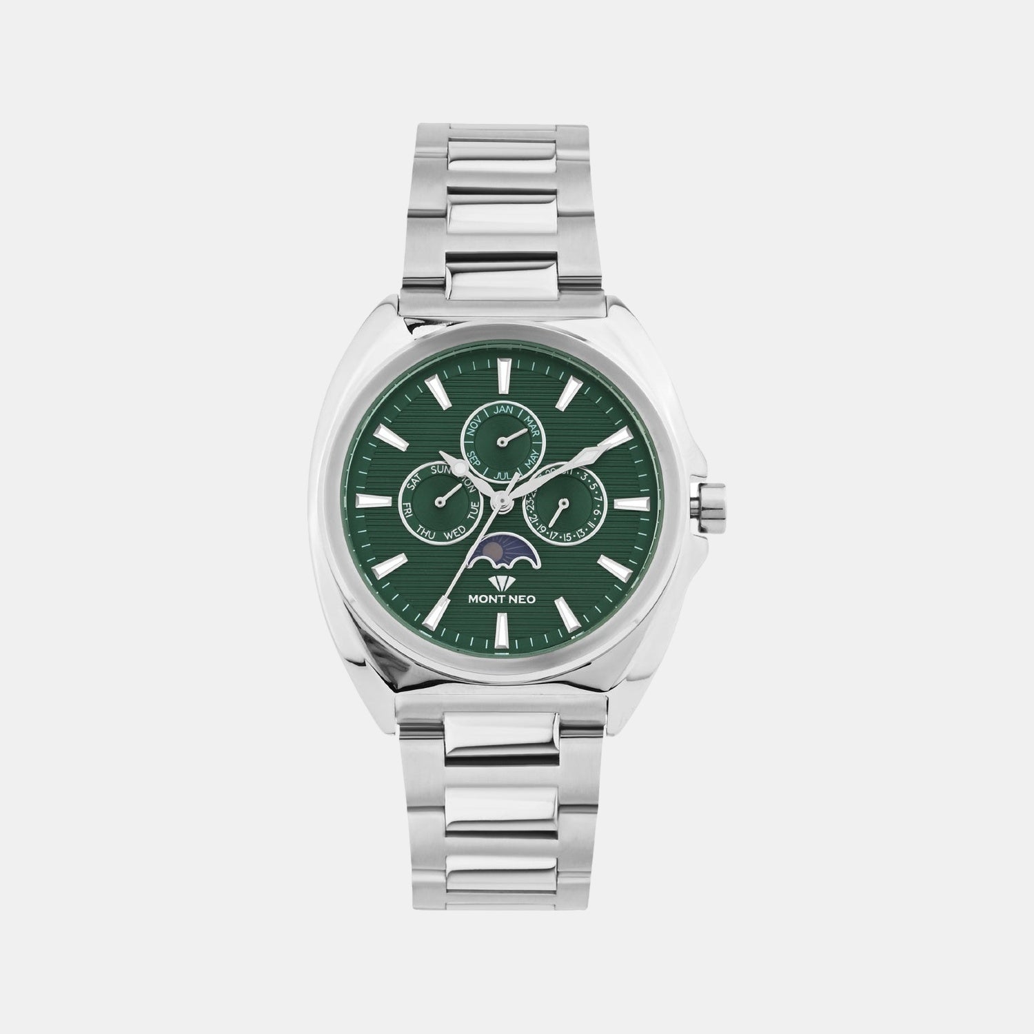 Men Quartz Green Dial Multi-Function Stainless Steel Watch 3514M-M1114