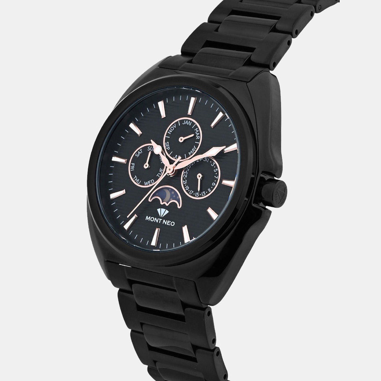 Men Quartz Black Dial Multi-Function Stainless Steel Watch 3514M-M4404