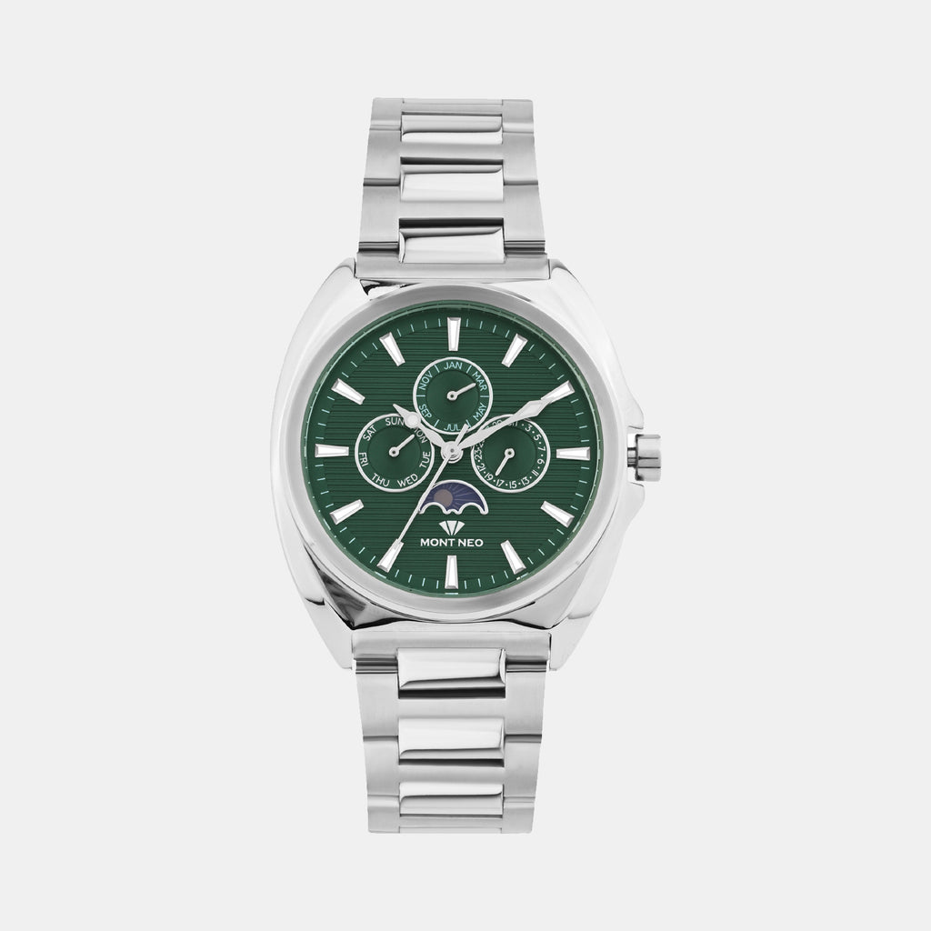 Men Quartz Green Dial Multi-Function Stainless Steel Watch 3514M-M1114